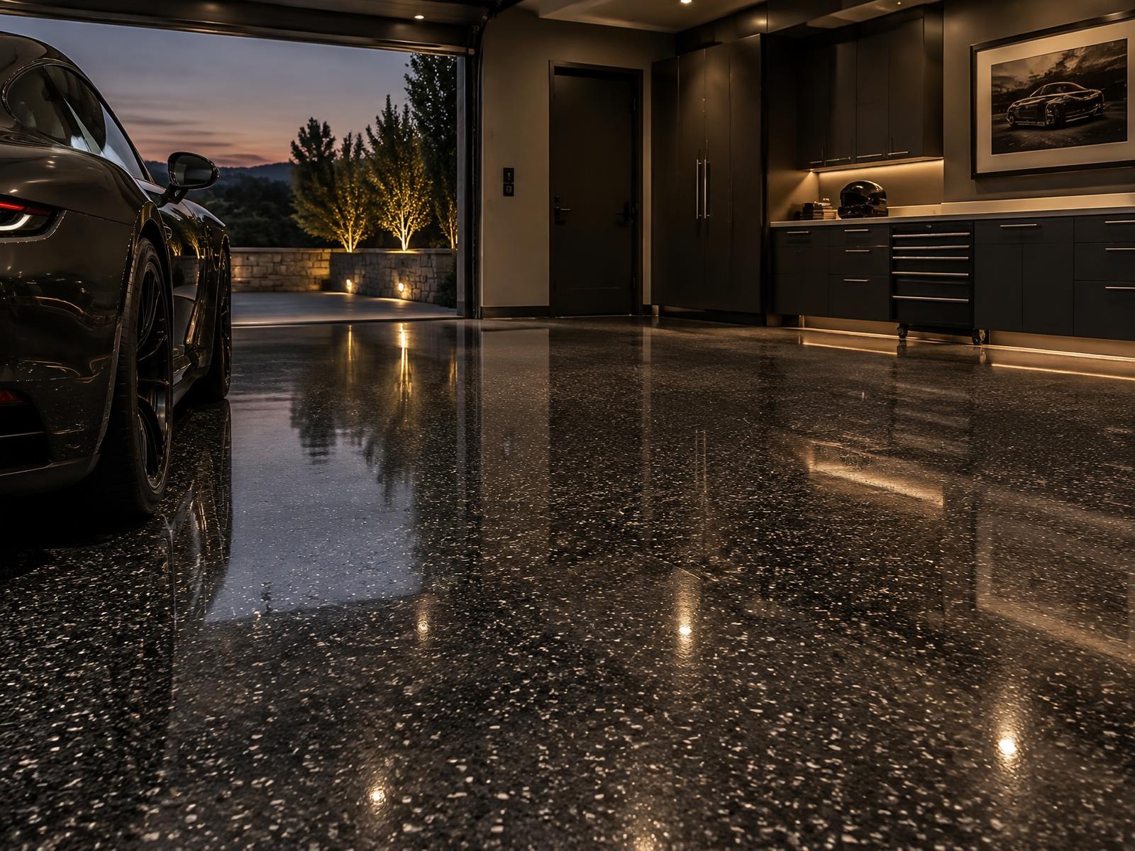 Finished charcoal flake epoxy garage floor in a luxury Tallahassee garage